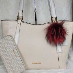 🎀 Michael Kors 3 SET Matching Shoulder Bag Tote Handbag Wallet Charm Pom NWT